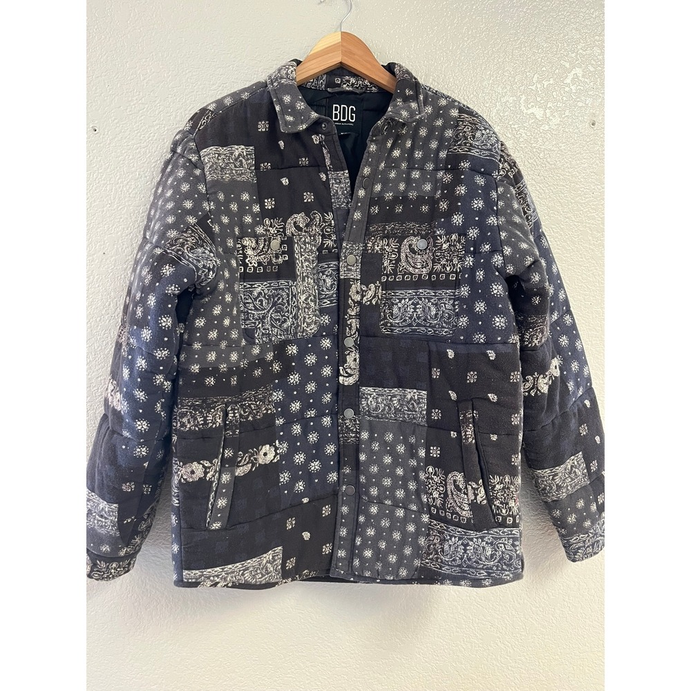 BDG Urban Outfitters Mens Bandana Patchwork Quilted Shirt Jacket Black Grey M